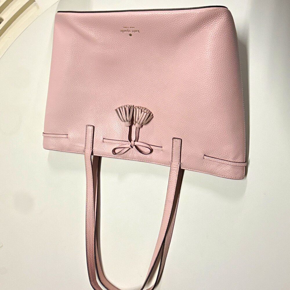 Kate Spade New York Pink Pebbled Leather Tote Zip Bow Tassel Bottom Studs
